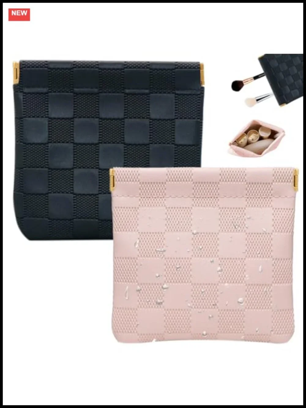 2 PCS Small Makeup Bag for Women, Mini Checkered Cosmetic Pouch Waterproof